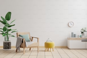 Interno minimalista del soggiorno con poltrona di design e tavolo sulla parete bianca.3D rendering