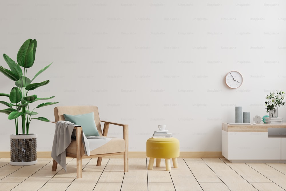 Interior minimalista da sala de estar com poltrona de design e mesa na parede branca.3D renderização
