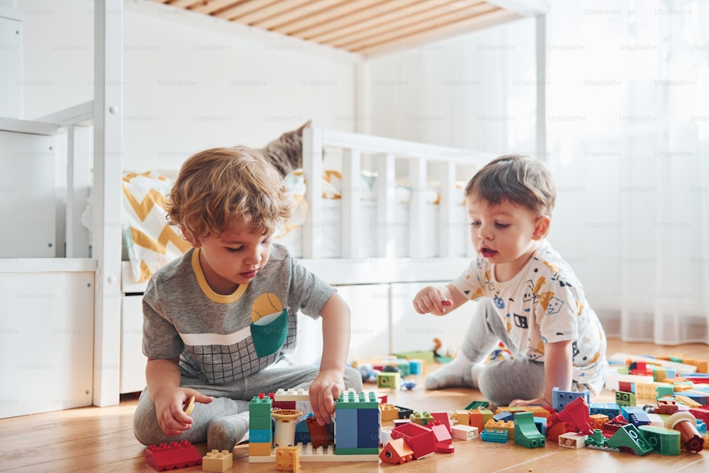 Two little boys have fun indoors in the bedroom with plastic construction set. Cat sits behind them.