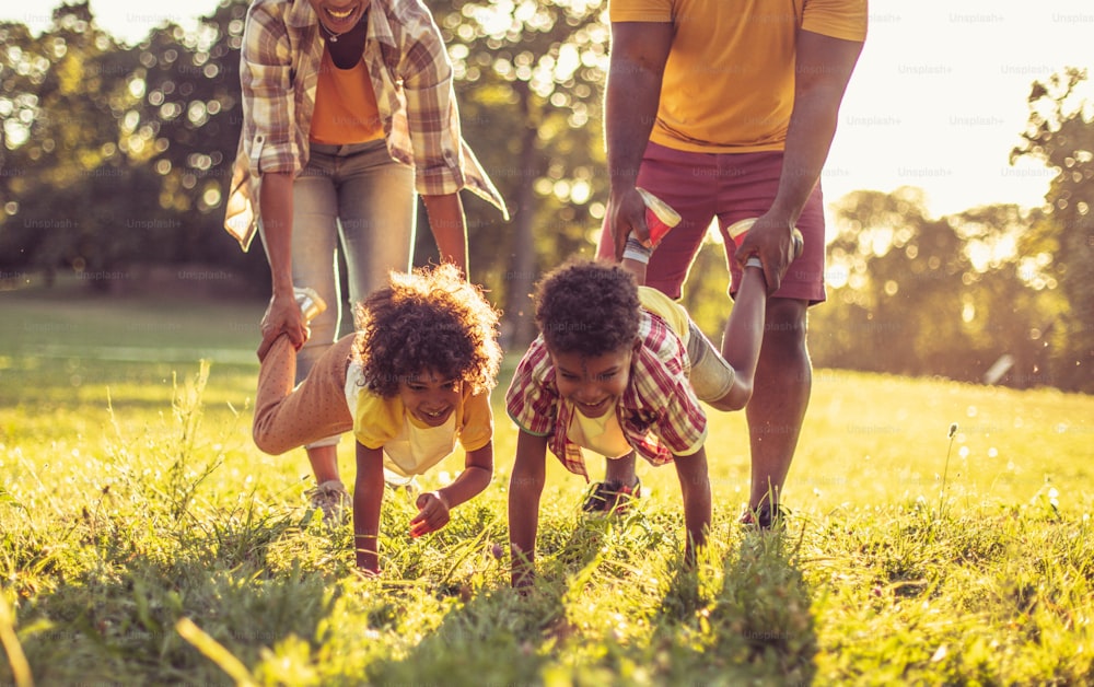 African American family having fun in nature. Close up.