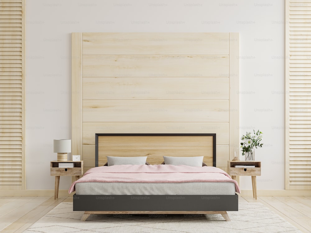 Maqueta de pared de madera en el fondo interior del dormitorio, renderizado 3d