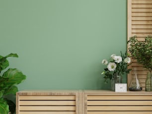 緑の植物、緑の壁と棚の内壁モックアップ.3Dレンダリング