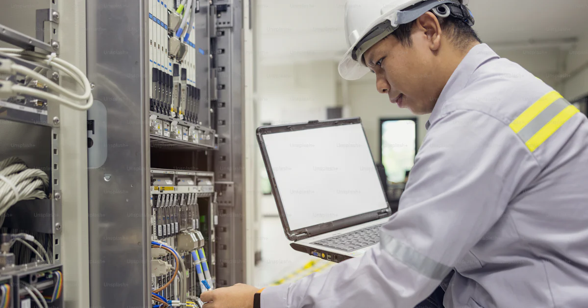 Network administrator holding laptop in hand working Configuration with ...