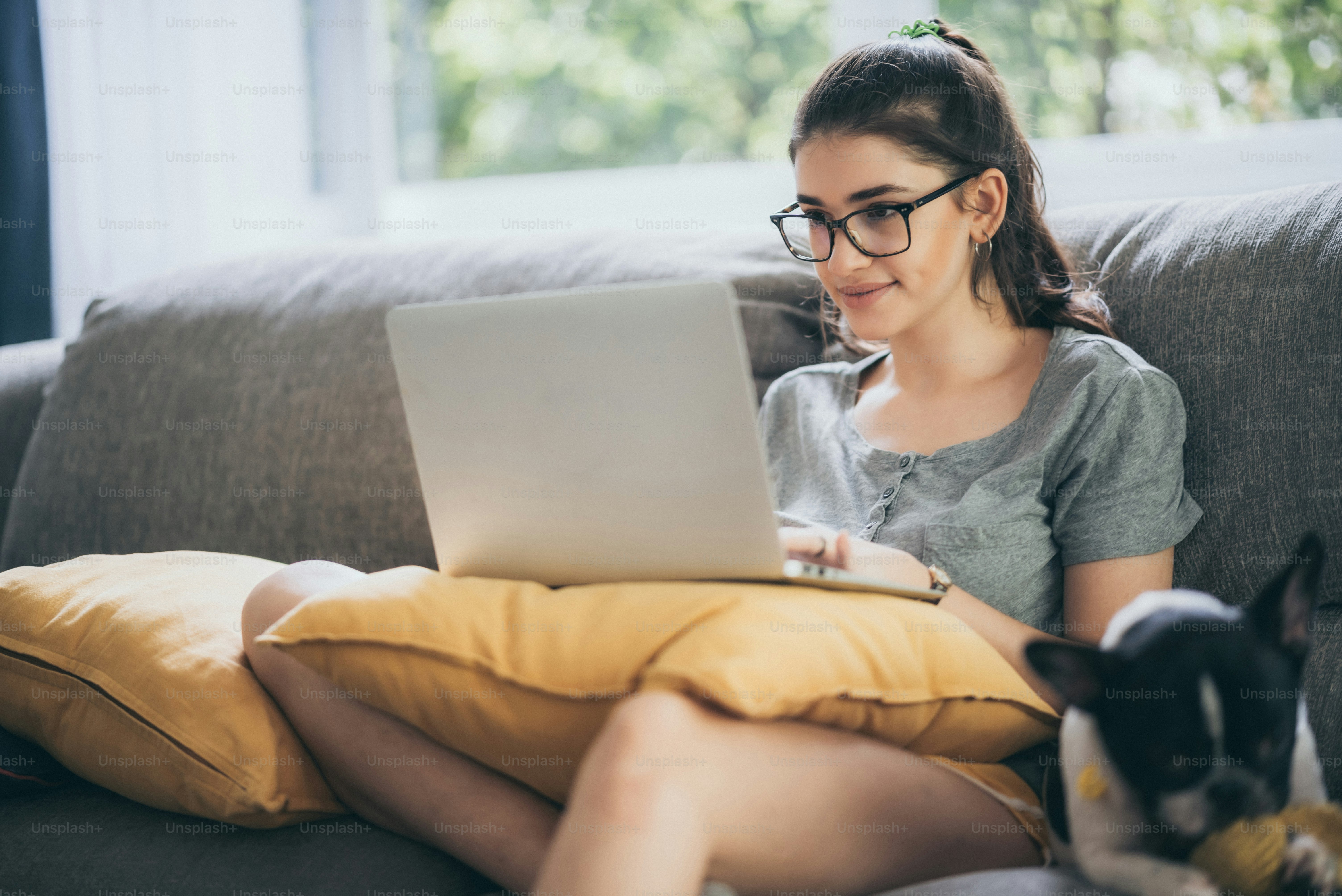 Person woman using technology computer to video call from home ...