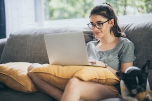 person woman using technology computer to video call from home, business communication with laptop and internet to working and meeting online, remote conference to office