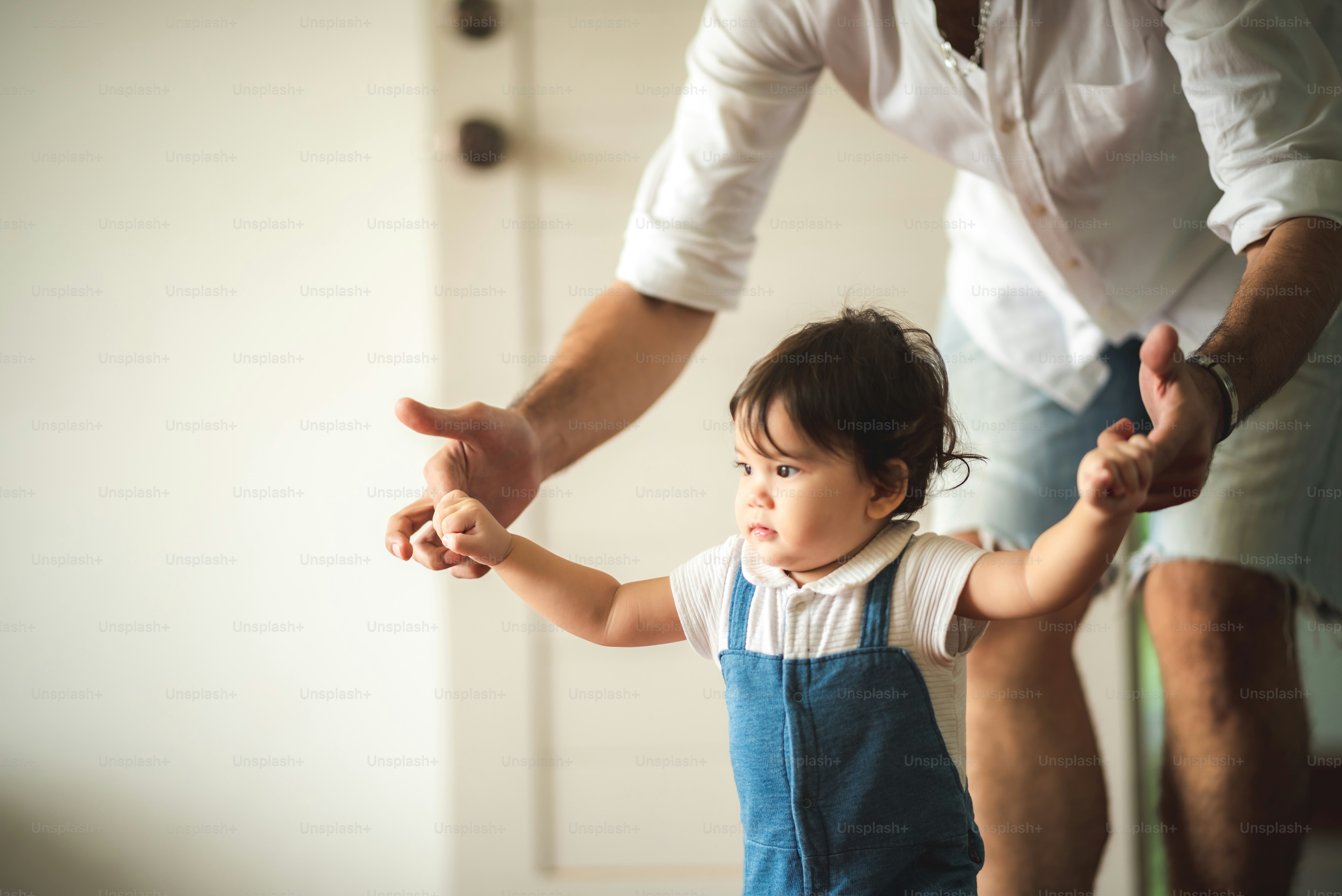 family of child baby and father, man parent raising and playing with son, home, adult father and a little boy person are happy at home, cheerful childhood lifestyle together