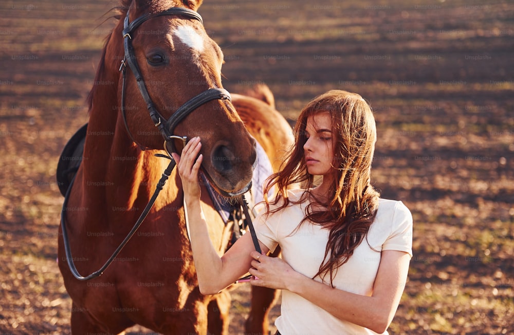 Young woman standing with her horse in agriculture field at sunny daytime.