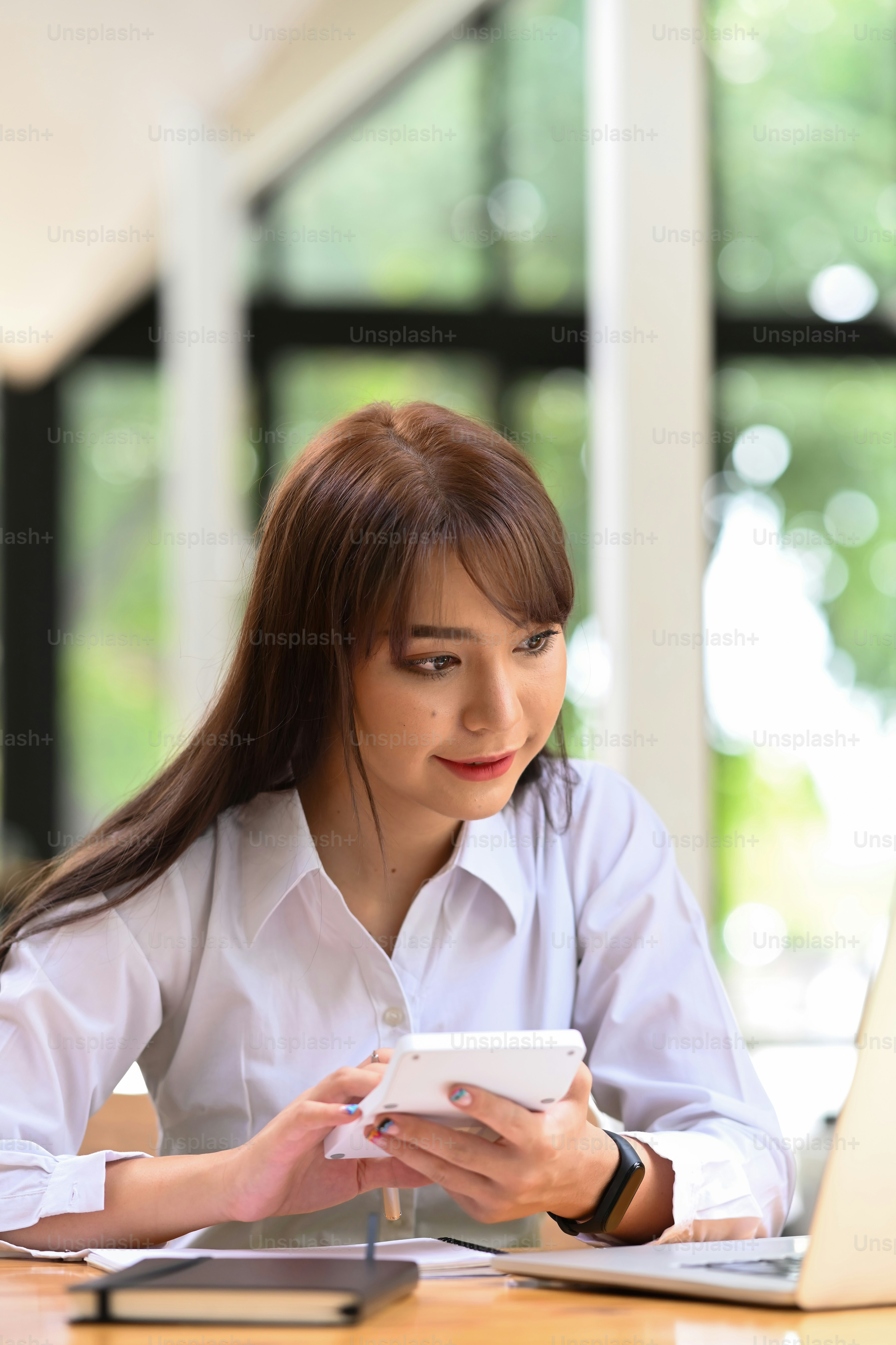 Portrait of businesswoman working with laptop computer and using calculator in office.