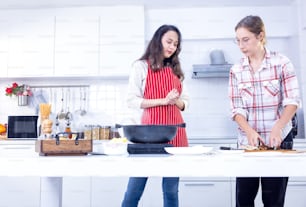 Attractive Two smile women is cooking in the modern kitchen, Two friends having fun, Sisters cooking together.