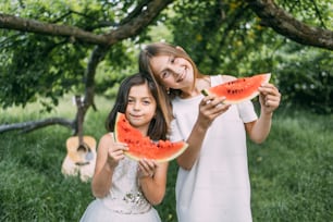 Pretty kids in summer dress enjoying sweet watermelon outdoors. Two girls standing at green garden, looking on camera and smiling sincerely. Connection between sisters. Family and love concept.