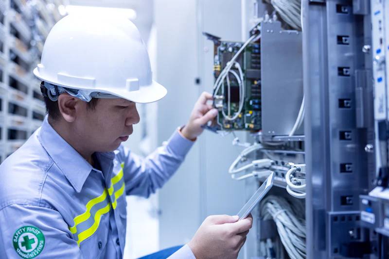 Technician inspecting equipment with a tablet for issue reporting