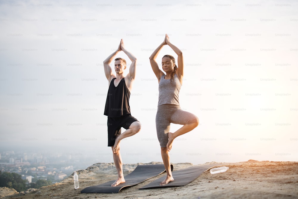 Full length portrait of multi ethnic couple in sport clothes standing on one leg and holding hands above head, Vrksasana, Tree pose, during yoga practice outdoors. Concept of healthy lifestyles.