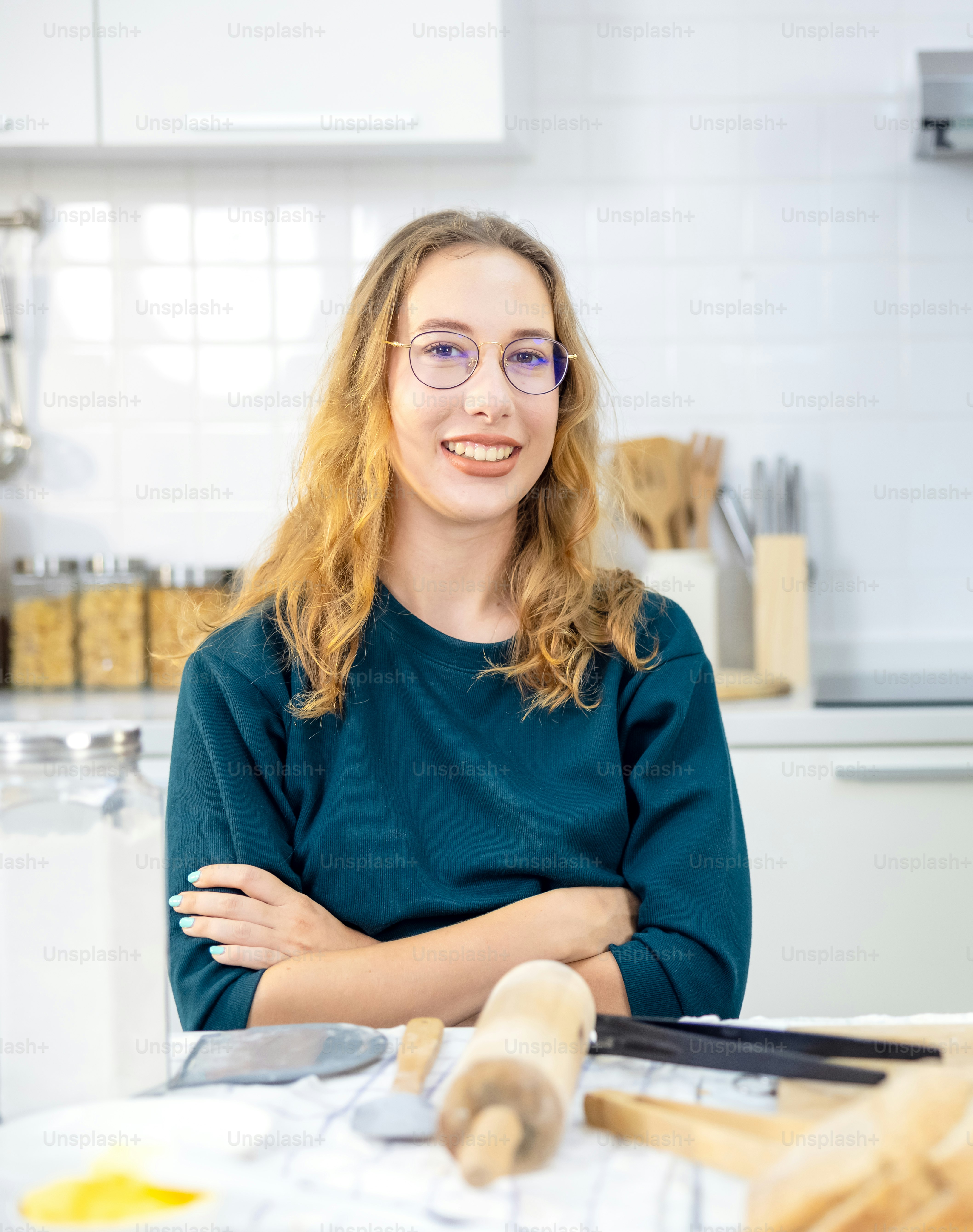 portrait Beautiful Woman With tools made Baked Breads in kitchen