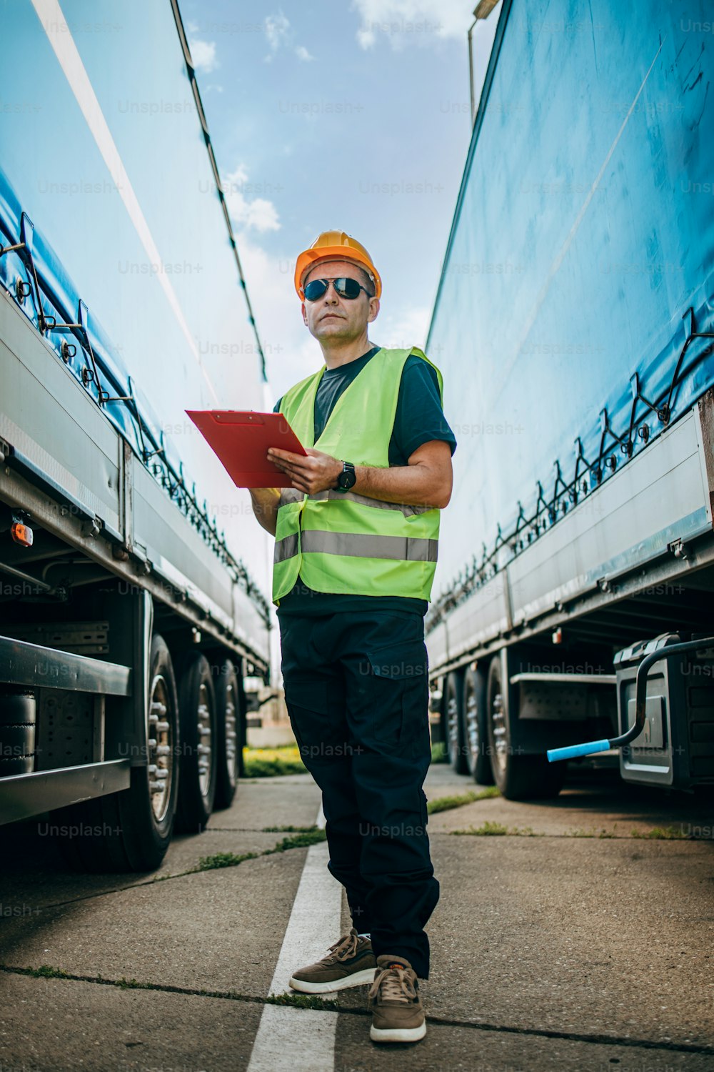 Professional male industrial truck driver with yellow protective helmet performs technical inspection of the vehicle as safety measures before next drive.