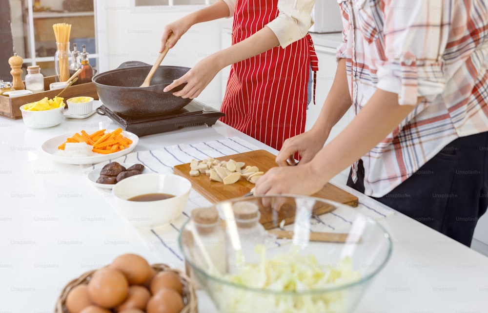 Cute joyful couple cooking together and adding spice to meal, laughing and spending time together in the kitchen, lesbian couple in apron, smiling and dancing together behind a wooden table with frying pan