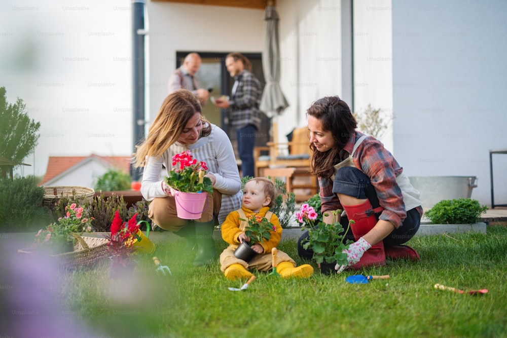 A happy multigeneration family outdoors planting flowers in garden at home, gardening concept.