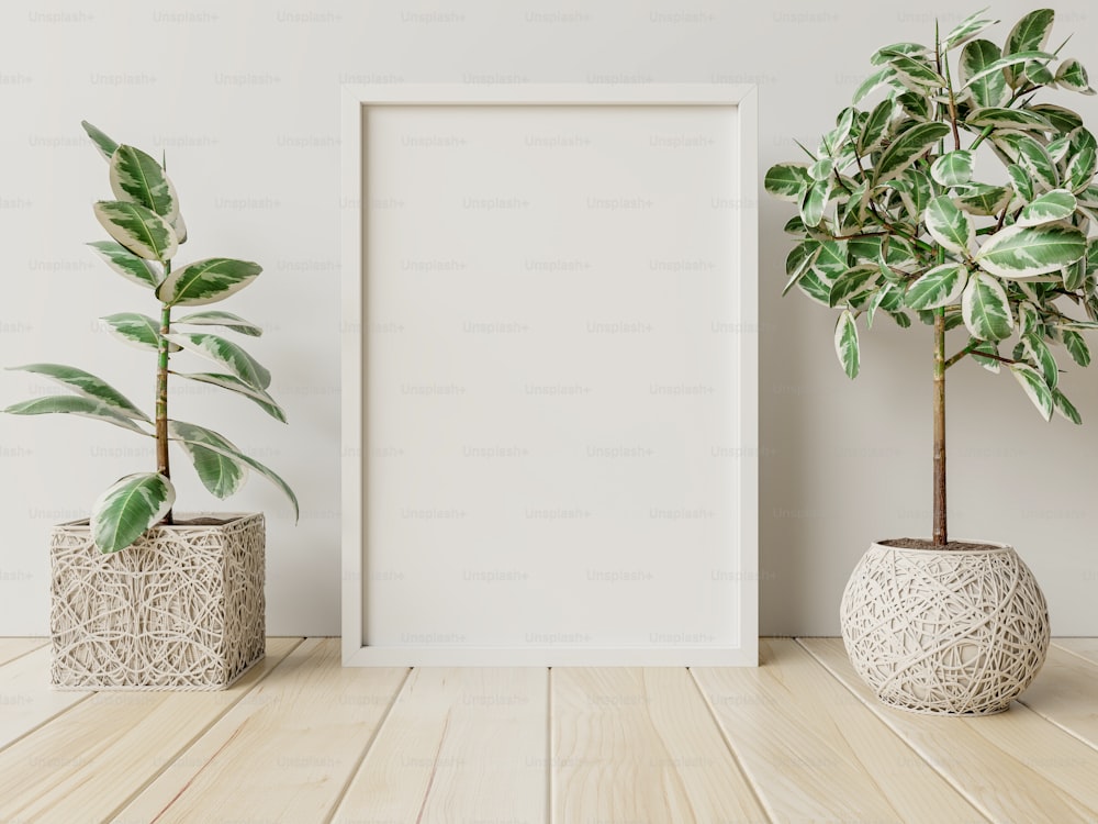 Interior poster mockup with plant pot in room have back white wall.3D rendering