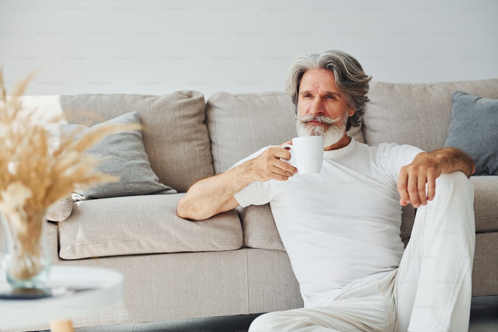 Ter tempo livre. Homem moderno elegante sênior com cabelos grisalhos e barba dentro de casa.