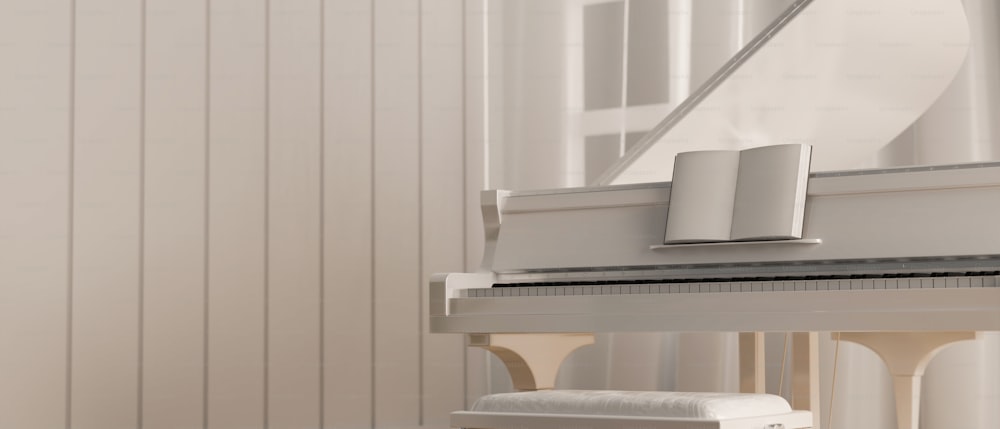 White grand piano, piano room in white decor, minimalistic, music instrument, living room with piano, 3d rendering, 3d illustration