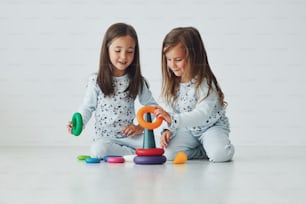Playing with toy. Two cute little girls indoors at home together. Children having fun.