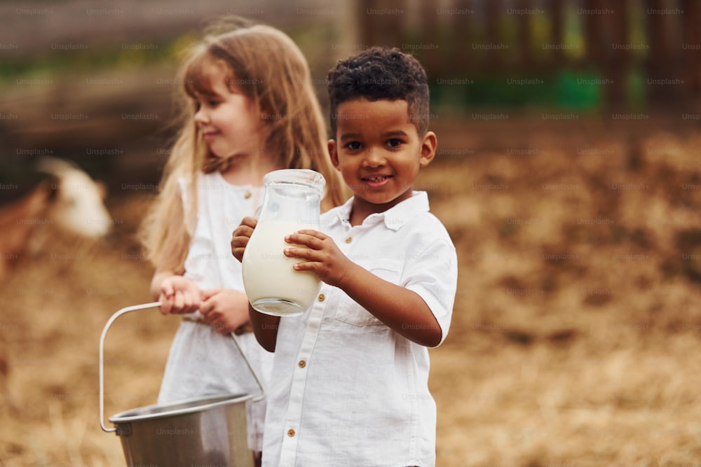 かわいいアフリカ系アメリカ人の男の子とヨーロッパの女の子は、牛乳を持って農場にいます。