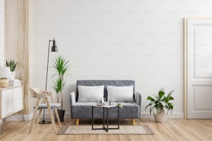 Wohnzimmer Innenwandmodell mit Sofa, Sessel und Pflanzen auf leerem weißen Wandhintergrund.3d Rendering