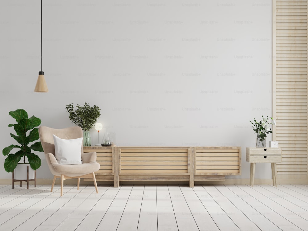 Gabinete de TV en la pared blanca de la sala de estar con sillón, diseño minimalista, renderizado 3d