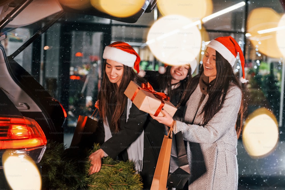 Sostiene el abeto. Tres alegres mujeres pasan juntas las fiestas navideñas al aire libre. Concepción del año nuevo.