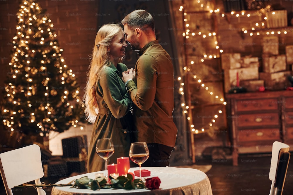 Standing in the Christmas decorated room. Young lovely couple have romantic dinner indoors together.