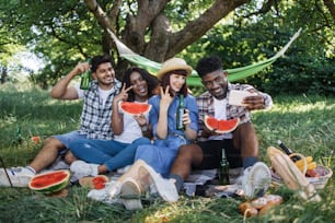 녹색 정원에서 셀카를 찍기 위해 현대 스마트폰을 사용하는 젊은 다인종 사람들. 자연에서 피크닉을 즐기는 동안 즐거운 시간을 보내는 네 명의 쾌활한 친구.