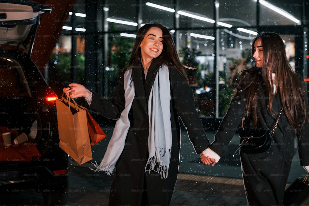 Promenades avec forfaits. Juste en faisant du shopping. Des sœurs heureuses passent les vacances de Noël ensemble à l’extérieur. Conception de la nouvelle année.