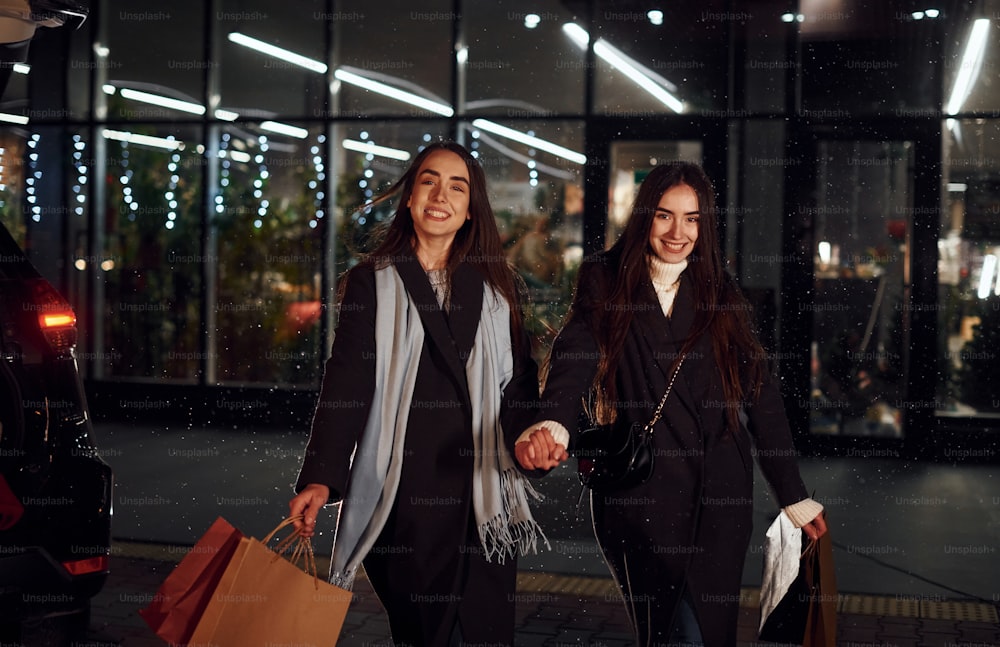 Passeggiate con pacchi. Solo dallo shopping. Le sorelle gemelle felici trascorrono insieme le vacanze di Natale all'aperto. Concepimento del nuovo anno.