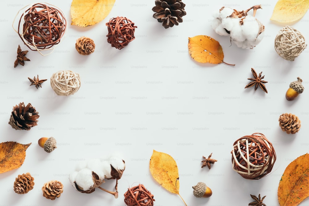 Joyeux concept de Thanksgiving. Cadre d’automne fait de feuilles mortes, coton, pommes de pin, glands sur fond blanc. Mise à plat, vue de dessus, espace de copie.