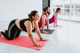 Jóvenes mexicanos practicando ejercicios de estiramiento de yoga en América Latina
