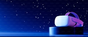 Lunettes VR sur podium avec des étoiles dans le ciel sombre, ciel nocturne, étoiles et espace, lumière néon, jeux de réalité virtuelle, rendu 3D, illustration 3D