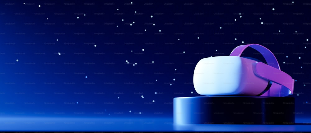 Gafas de realidad virtual en el podio con estrellas en el cielo oscuro, cielo nocturno, estrellas y espacio, luz de neón, juegos de realidad virtual, renderizado 3d, ilustración 3d