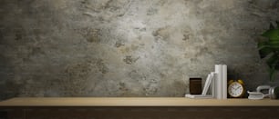 Holztisch mit großem Kopierraum für Ihre Marken mit rostgrauer Zementwand, moderner Wohndekoration, 3D-Rendering, 3D-Illustration