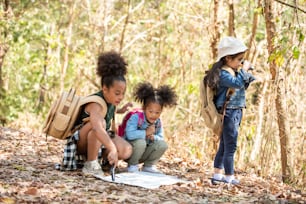 夏の晴れた日に森の山で一緒にハイキングするバックパックを持つ多様性の小さな女の子の友達のグループ。座って地図を眺めながら森を探検する3人の子供たちが野外活動を楽しんでいます。