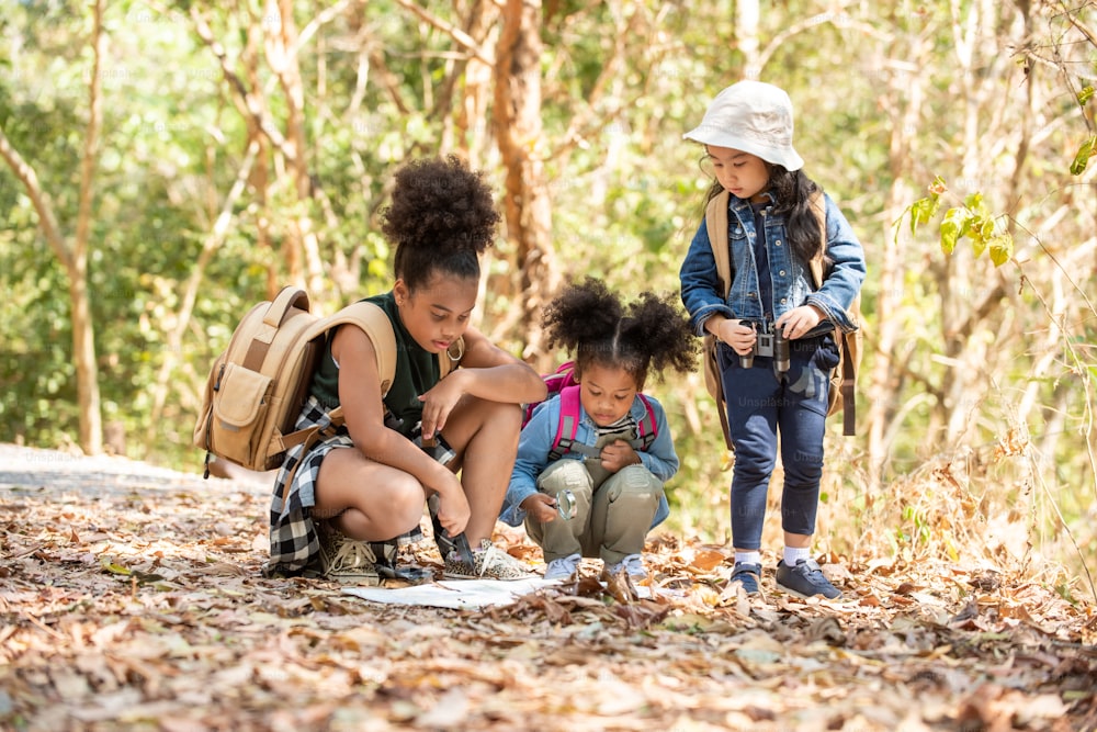 Group of Diversity little girl friends with backpack hiking together at forest mountain in summer sunny day. Three kids having fun outdoor activity sitting and looking at the map exploring the forest.