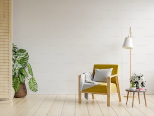 Poltrona amarela e uma mesa de madeira no interior da sala de estar, parede branca.3d renderização