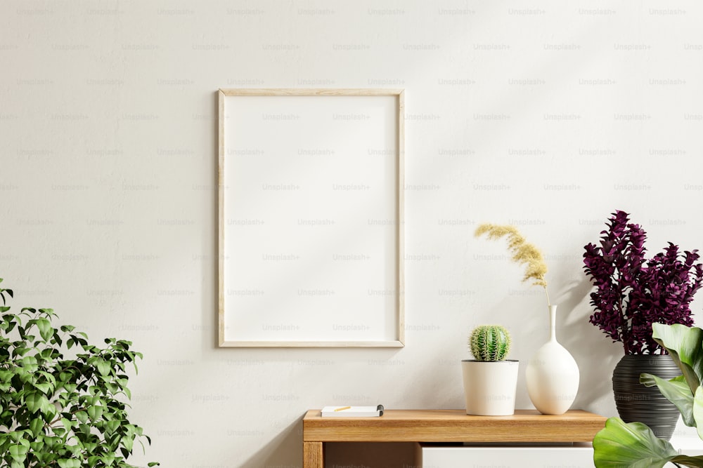 Mockup photo frame on the wooden cabinet with beautiful plants,3d rendering