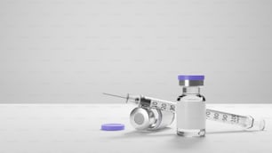 Antivirenimpfstoffe und Spritze mit Kopierraum auf weißem Hintergrund für Text oder medizinische Präsentation, Coronavirus, Labor, 3D-Rendering, 3D-Illustration