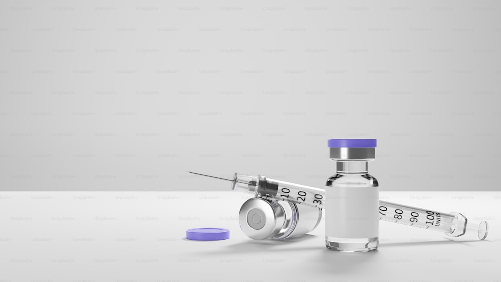 Anti virus vaccines and syringe with copy space on white background for text or medical presentation, corona virus, laboratory, 3d rendering, 3d illustration