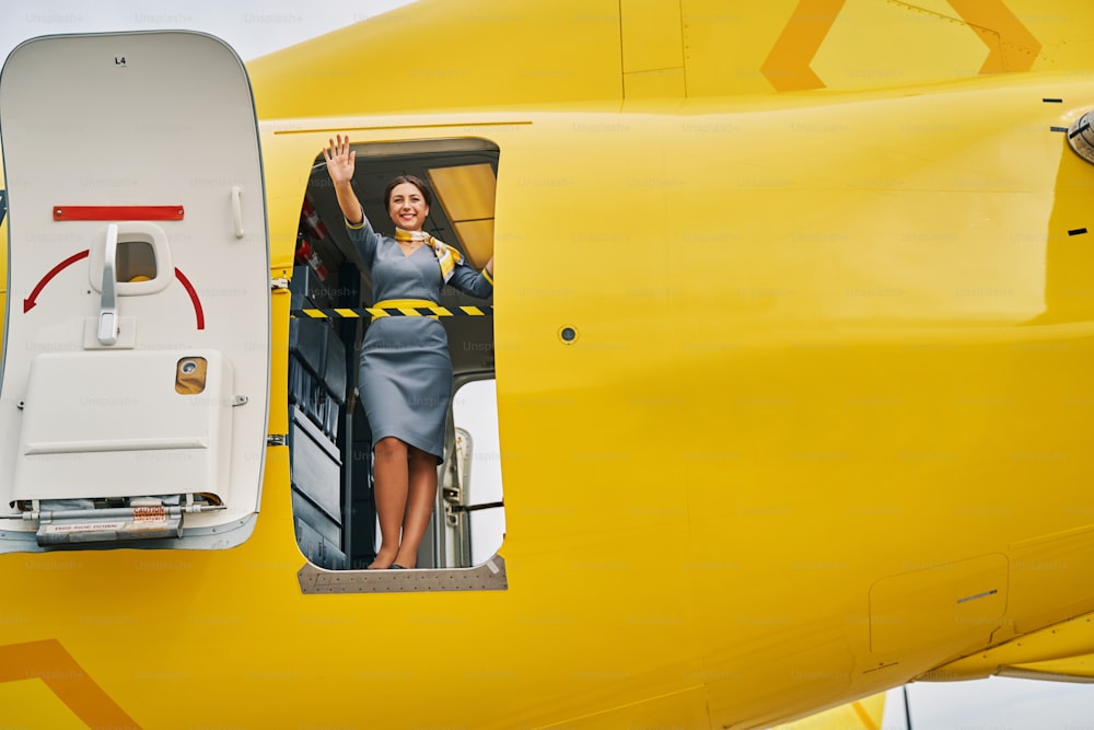Full-length portrait of a smiling attractive dark-haired stewardess waving at someone from the landed aircraft