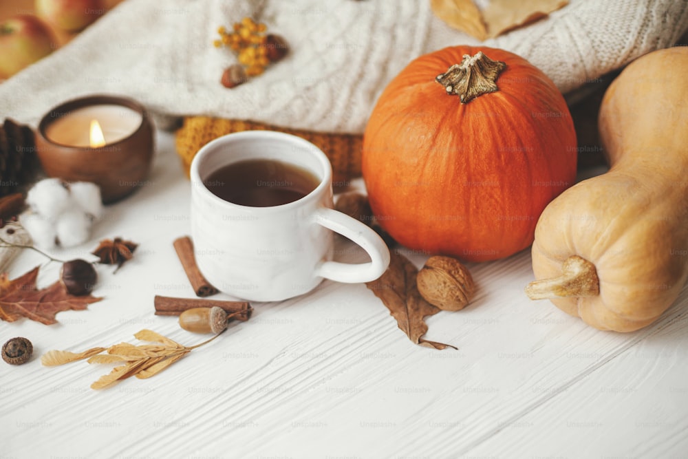 Warm cup of tea on background of autumn leaves, pumpkin, cozy sweaters, burning candle on white wood in stylish room. Hello autumn, cozy slow living. Happy Thanksgiving