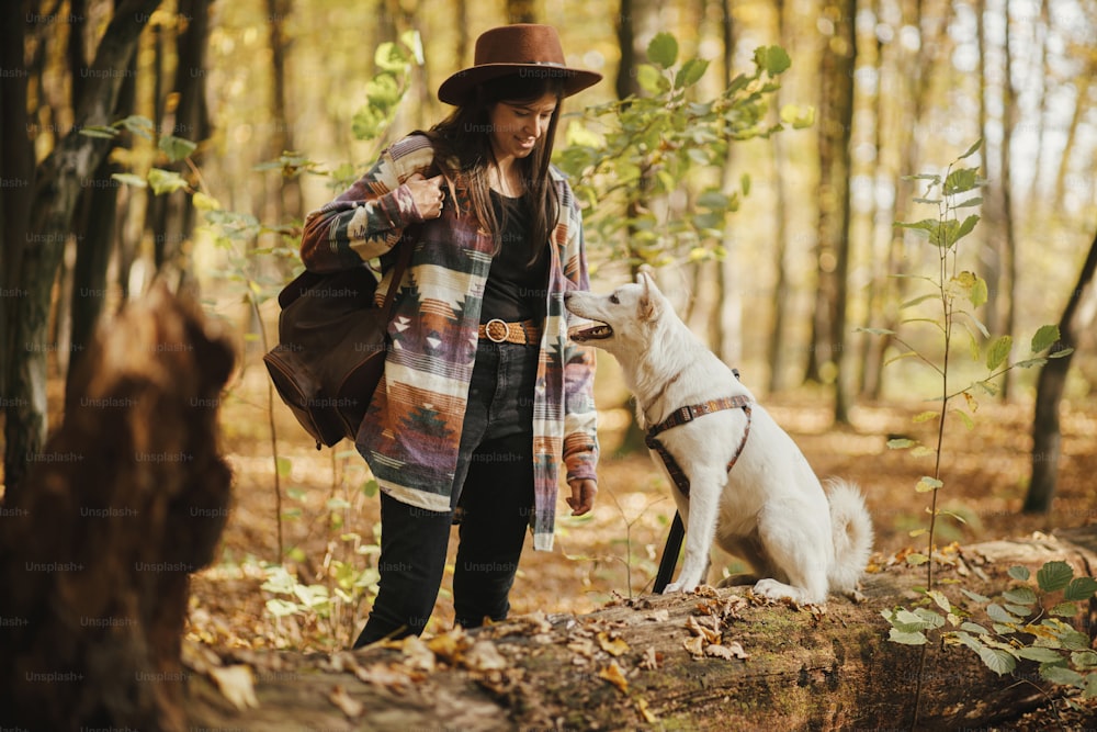 Stylish woman in hat training cute dog sitting on old stump in sunny autumn woods. Young female traveler with swiss shepherd white dog in beautiful forest. Travel and learning with pet