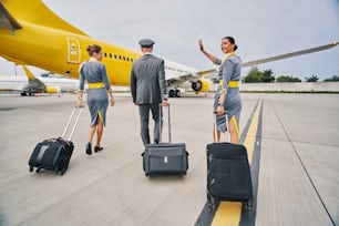 Back view of a pilot and two flight attendants in stylish uniforms pulling their trolley suitcases across the airdrome