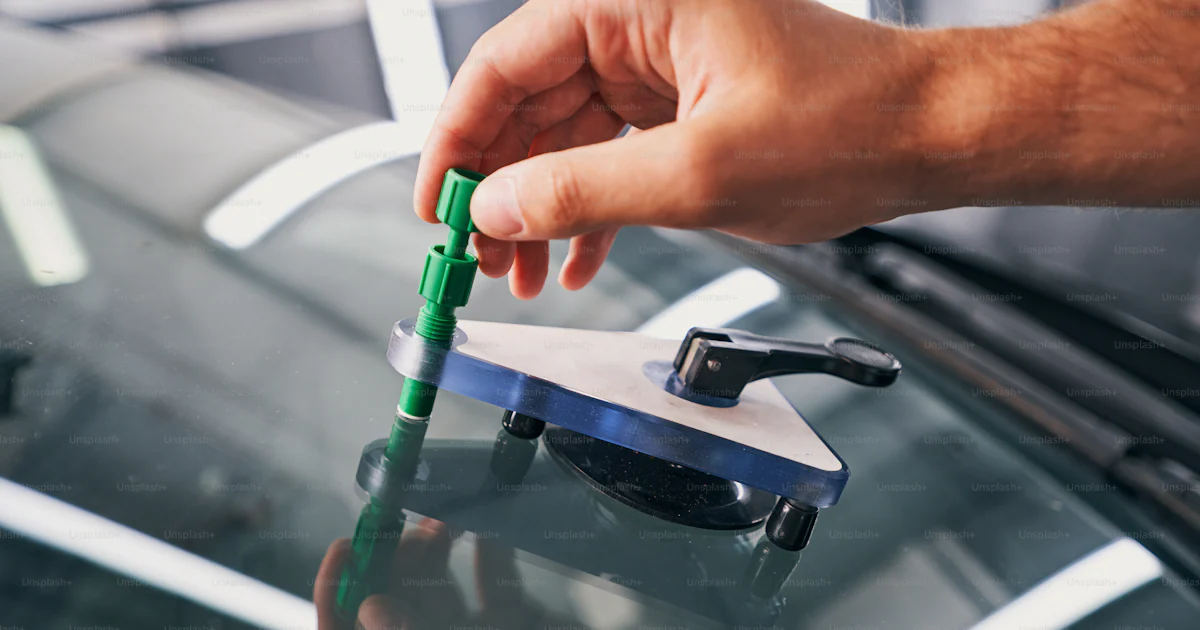 Window Pane Injection Man spinning knob of bridge with injector, attached to windshield of ...