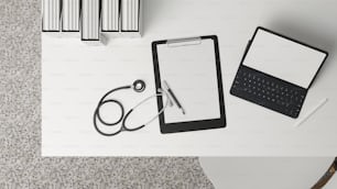 Top view, close up modern doctor office desk with, tablet blank screen mockup, clipboard blank sheet, stethoscope, medical file on white background, 3d rendering, 3d illustration