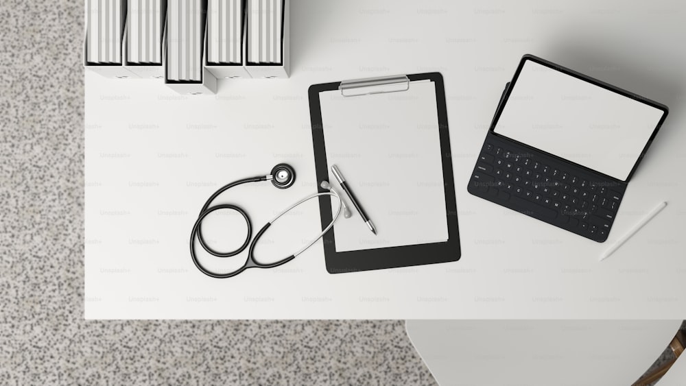 Top view, close up modern doctor office desk with, tablet blank screen mockup, clipboard blank sheet, stethoscope, medical file on white background, 3d rendering, 3d illustration